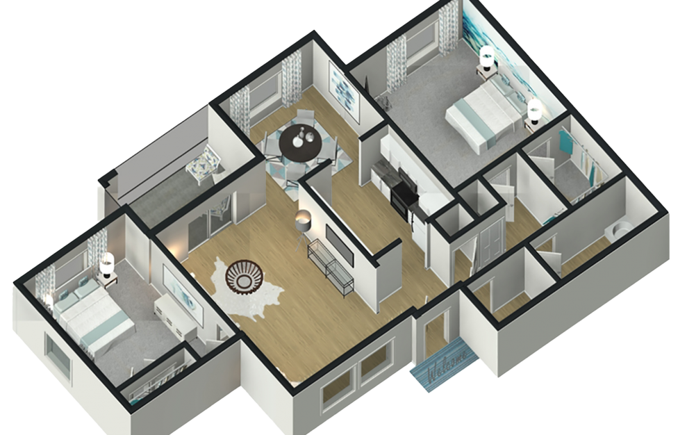 Dogwood - 2 bedroom floorplan layout with 1 bath and 1015 square feet. (3D)