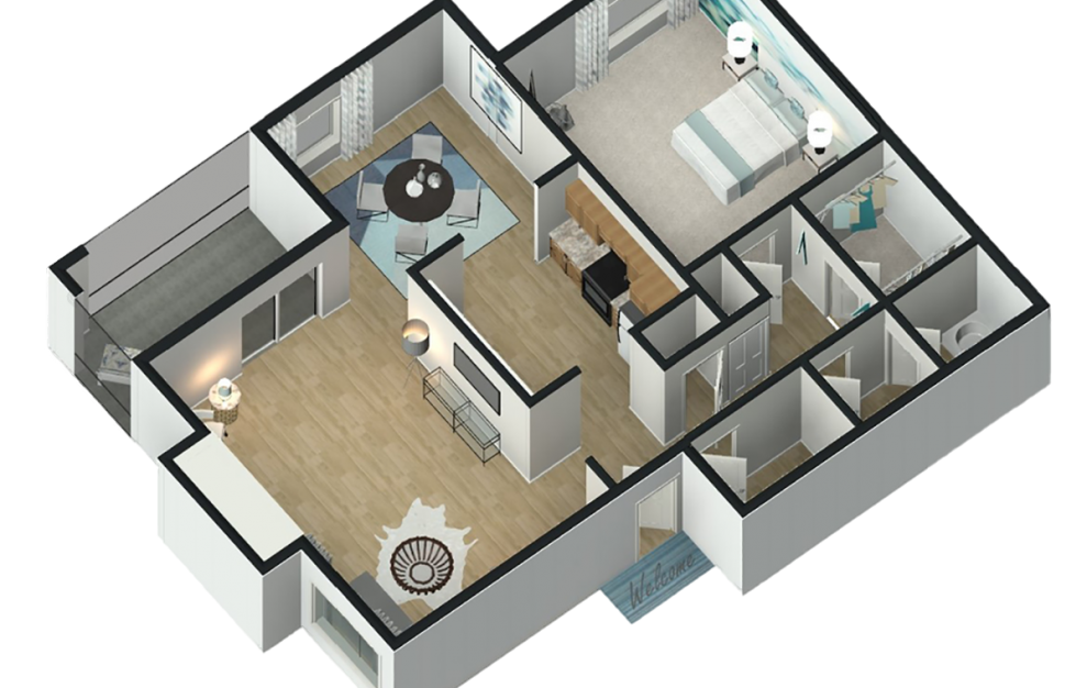 Heather - 1 bedroom floorplan layout with 1 bath and 854 square feet. (3D)