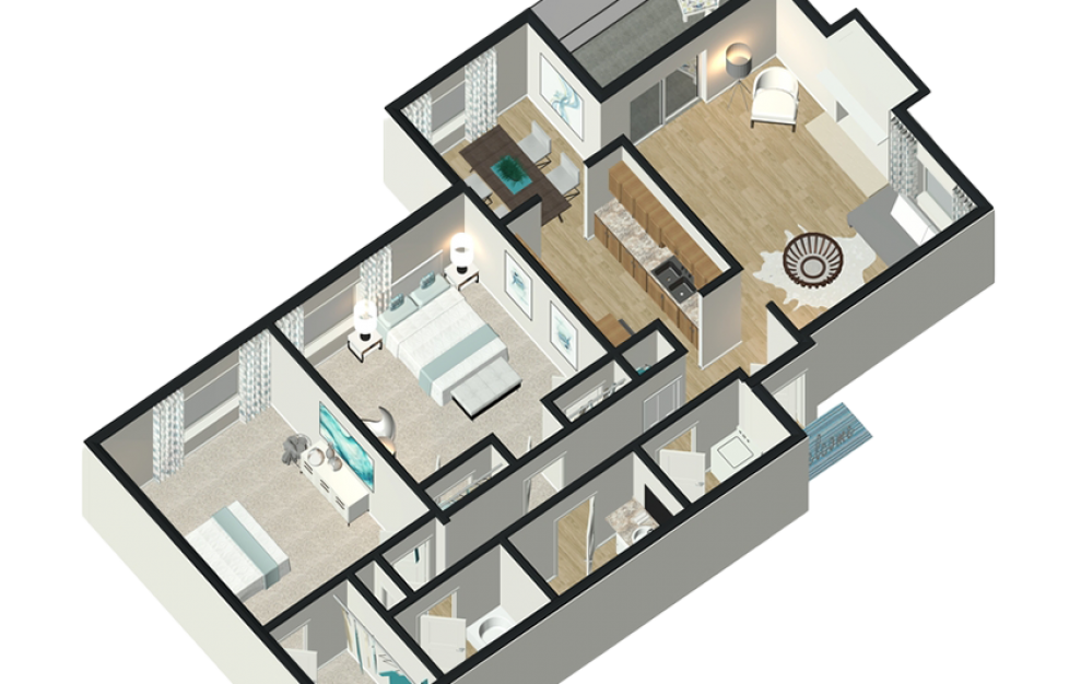 Iris - 2 bedroom floorplan layout with 2 baths and 1142 square feet. (3D)
