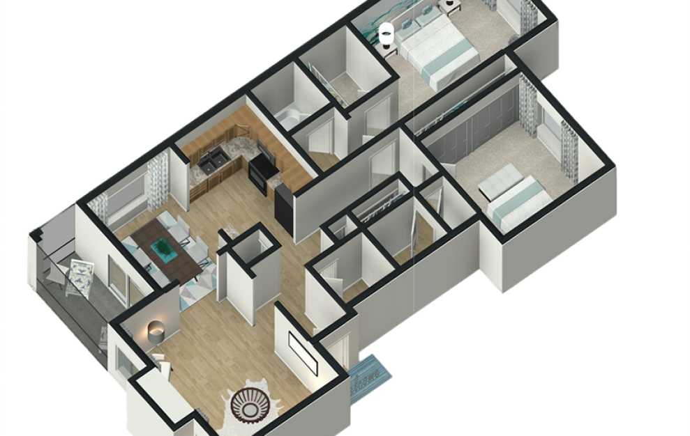 Laurel - 2 bedroom floorplan layout with 2 baths and 1350 square feet. (3D)