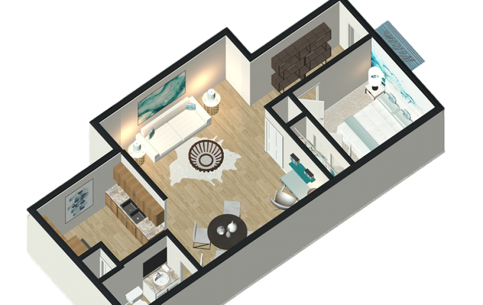 Lilac - 1 bedroom floorplan layout with 1 bath and 650 square feet. (3D)