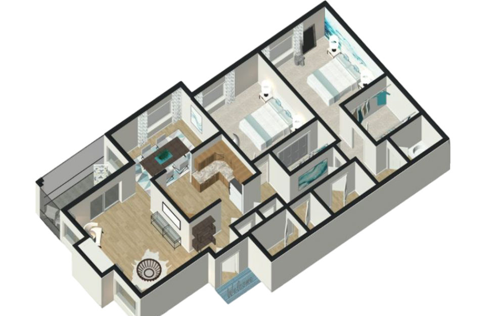 Lily - 2 bedroom floorplan layout with 2 baths and 1350 square feet. (3D)