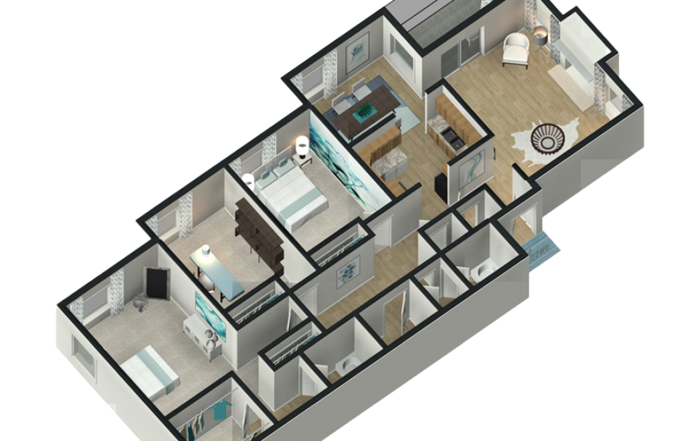 Magnolia - 3 bedroom floorplan layout with 2 baths and 1530 square feet. (3D)